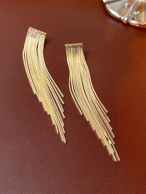 Women’s Real Gold-Plated Tassel Stud Earrings Silver Needle Posts Elegant Dangle